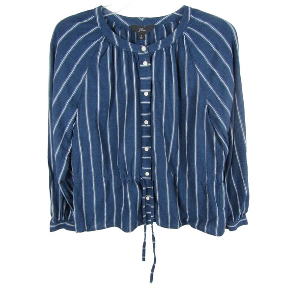 J.Crew Tops - J. Crew Women Top Size 2 Blue Striped Button up Long Sleeve Drawstring